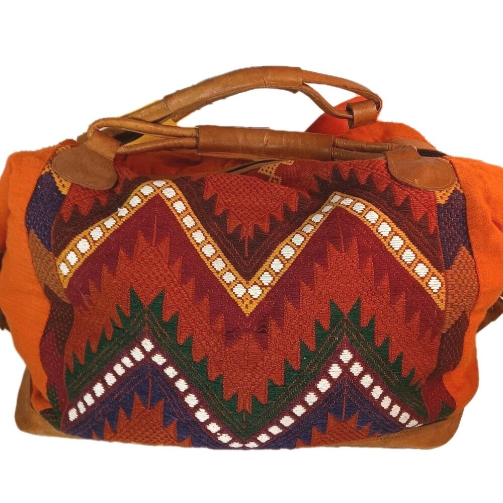 XL Weekender TOTE Duffle BAG Embroidered LEATHER Oversize BOHO Guatemalan UNIQUE